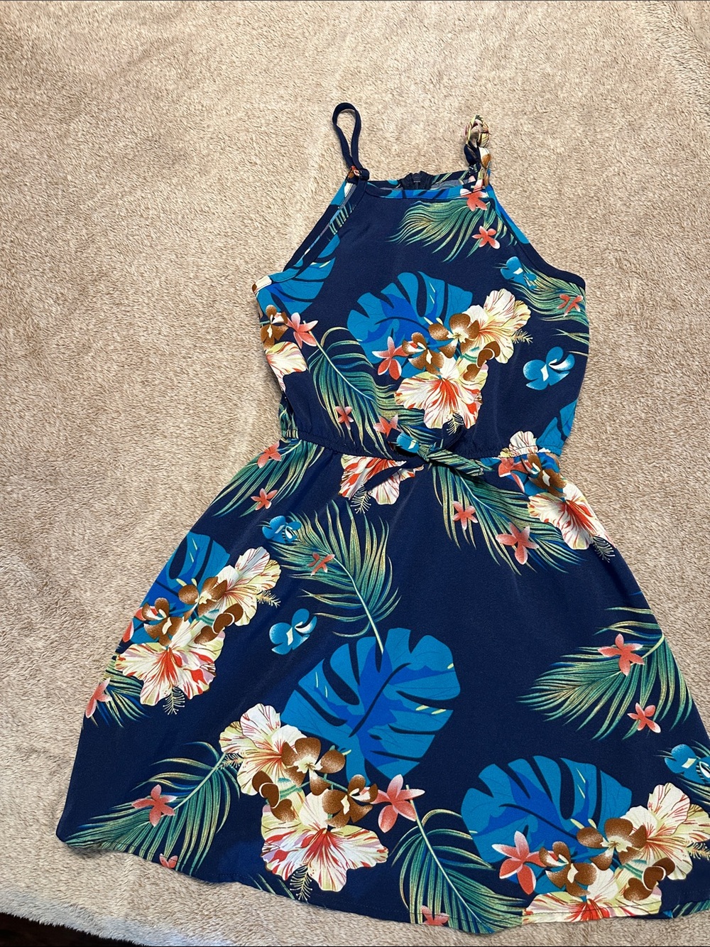 Girls Navy Tropical Floral Halter Dress
